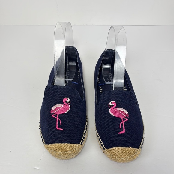 TALBOTS Canvas Espadrilles Navy Blue Embroidered Pink Flamingos Women's Sz 7M - Picture 1 of 10